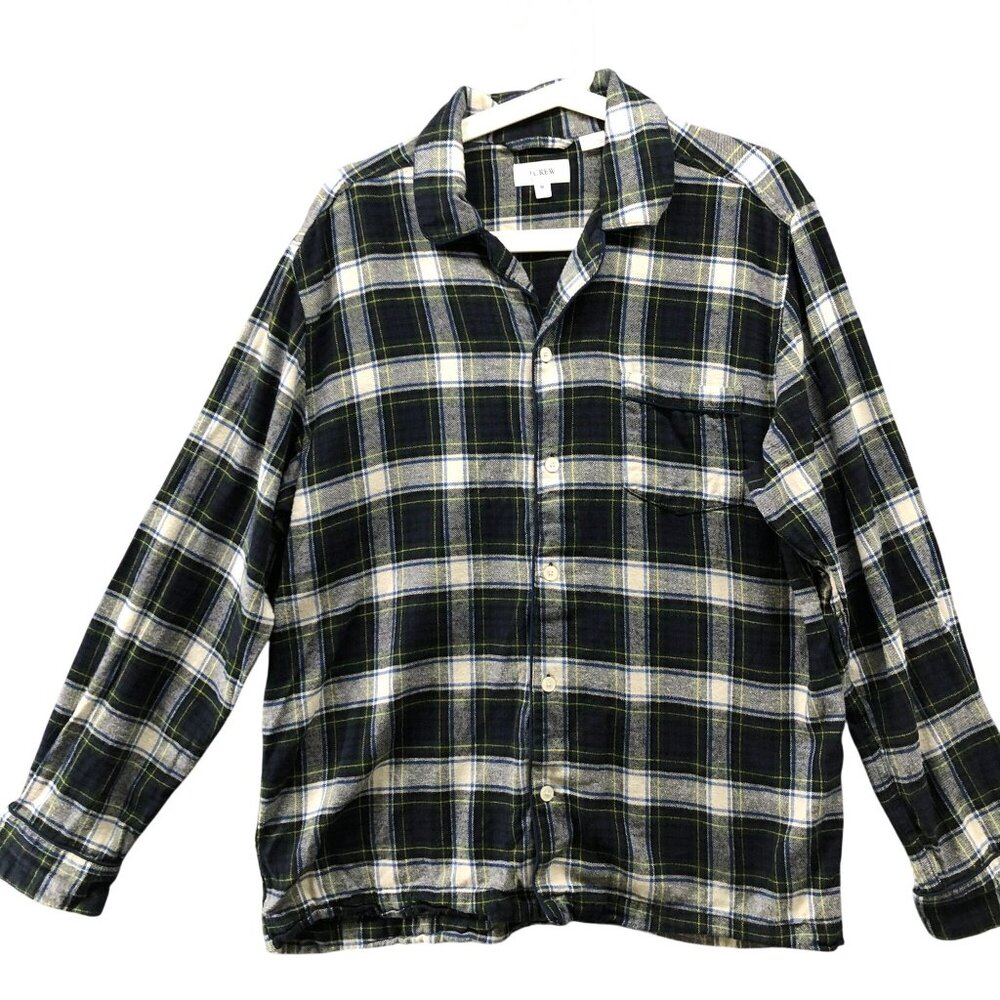 J. Crew Flannel Pajama Shirt Mens M Green Scotch Tartan Plaid Blue Cotton Button